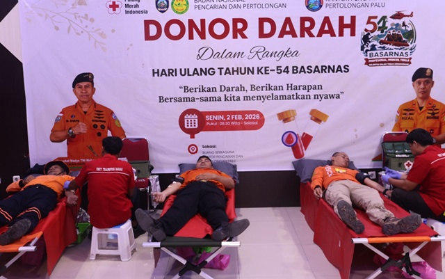 HUT ke-54 Basarnas, Kantor SAR Palu Libatkan TNI–Polri Donor Darah